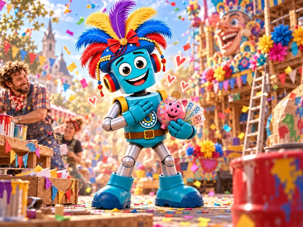 Mascotte Wâtjuh met Brabantse varkentjes-spaarpot en feestelijke eurobiljetten bij de praalwagenbouwers in Hank